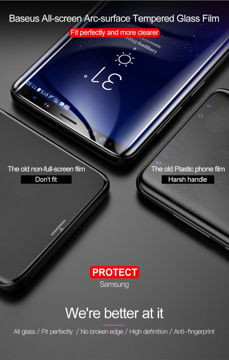 Miếng Dán Kính Cường Lực Full 3D Samsung S9 Hiệu Baseus được phủ một lớp chống chói khả năng chiu lực cao không thua vì cường lực sịn khác.